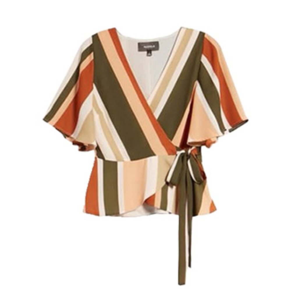 4SI3NNA | Striped Wrap Peplum Top | NWT